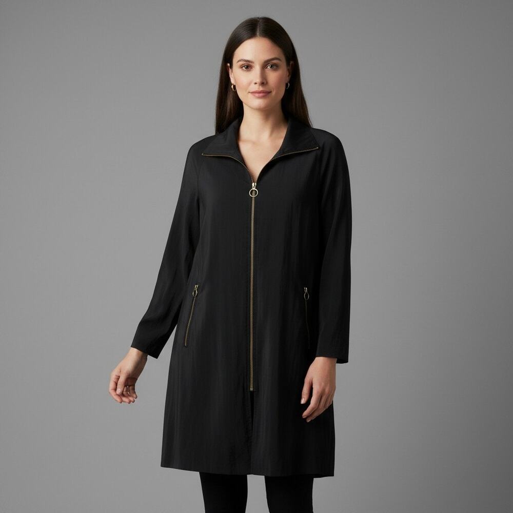 Forecaster of Boston Trench Coat Womens Sz 9/10 Black Full Zip w/ Shoulder Pads